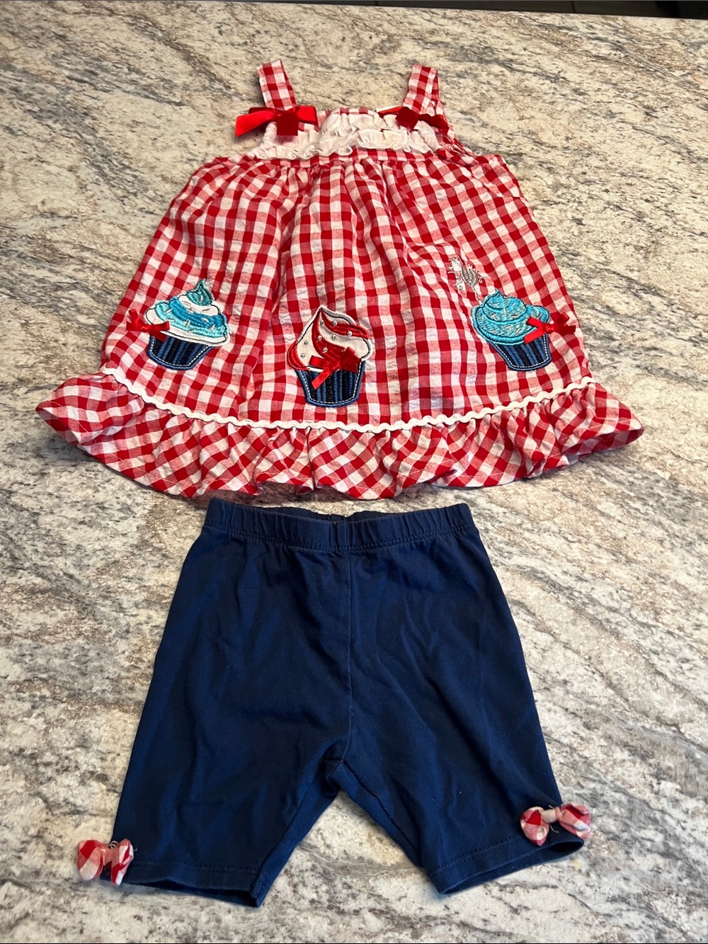 Nanette Kids Red Gingham Cupcake Applique Dress & Navy Shorts Set Preloved 3T